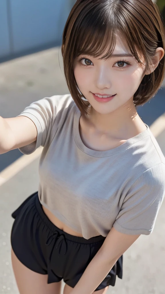 One girl, Casual T-shirts, short hair, 20-year-old Japanese, beautiful, cute face, pretty face, neat, smiling, 8-head body, height 165cm, weight 48kg, bust 83cm, waist 60cm, hips 82cm, (((selfie))), (((face focus))), (((portrait))), (((from above))), ((face))