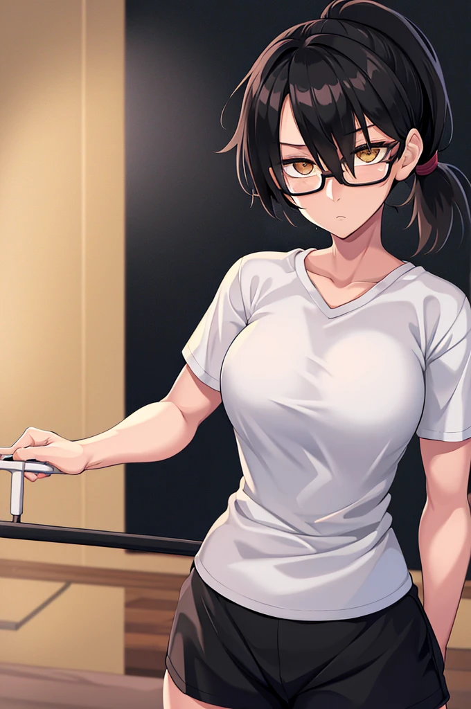 woman, hair over one eye, golden eyes, Tomboy, standing, black sweatshorts, white shirt, looking at viewer, black short hair with a ponytail, bedroom background, round glasses, bags under eyes, tired, solo, using a crutch