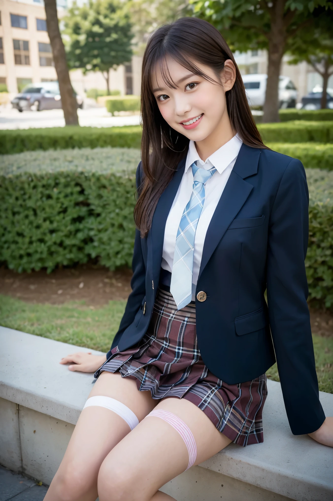 (8K), (highest quality: 1.2), (Realistic), (Realistic: 1.37), Ultra-high resolution, 1 girl, cute, (Embarrassed smile:1.2), (Blushing:1.4),Mouth closed, Beautiful details, Beautiful Nose, black straight Hair, giant dulcefo, pork, Thighs,Navel exposed,University Student Uniform,A simple blazer,Pleated skirt,(The skirt and tie are tartan check pattern.:1.3),(sitting on a park:1.2),(Shiny Thighs:1.2), medium shot , (white over size school  socks:1.2)