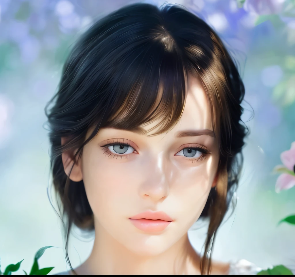 a realistic girl in a garden, 1girl, beautiful detailed eyes, beautiful detailed lips, extremely detailed face and portrait, long eyelashes, detailed facial features, elegant pose, natural lighting, photorealistic, 8k, highly detailed, intricate, masterpiece, oil painting, soft colors, warm lighting, vibrant colors, detailed foliage, lush greenery, colorful flowers, peaceful atmosphere