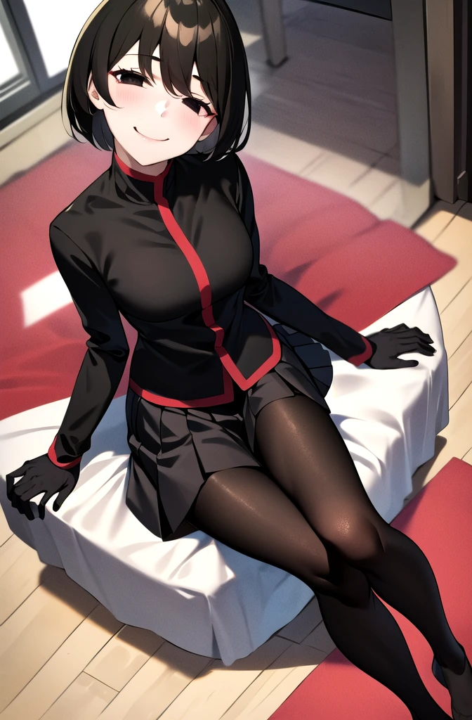 (masterpiece,Highest quality, detailed), One girl, alone, indoor, bed, Sitting, Half-closed eyes, smile, Mouth closed, whole body, Tilt your head, From above, View your viewers,
Oshino Ougi, gakuran, Black gloves, Black jacket, Pleated skirt, Black Pantyhose, No shoes