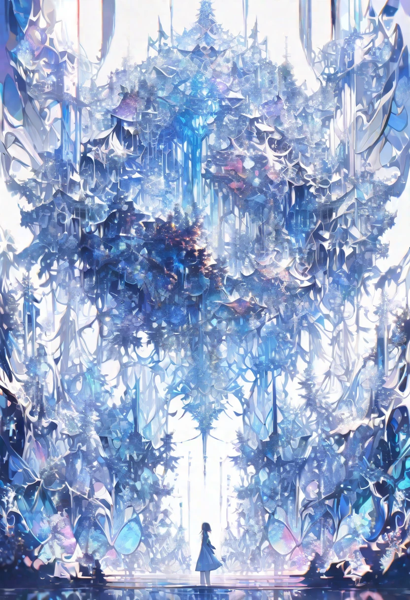 Tai Chi diagram、((masterpiece)), (anime:1.3), ((Highest quality)), (Abstract art:1.5), (High resolution), (pale colour), Wide Shot, (Fractal structure:1.5), (Simple white background:1.6), landscape, (beautiful), (Biological atmosphere), deep sea, (pretty girl), (Hollow Eyes), (profile), beautiful白い髪, (Are crying), transparent　Glass　ice　mirror　Blue rose　crystal
