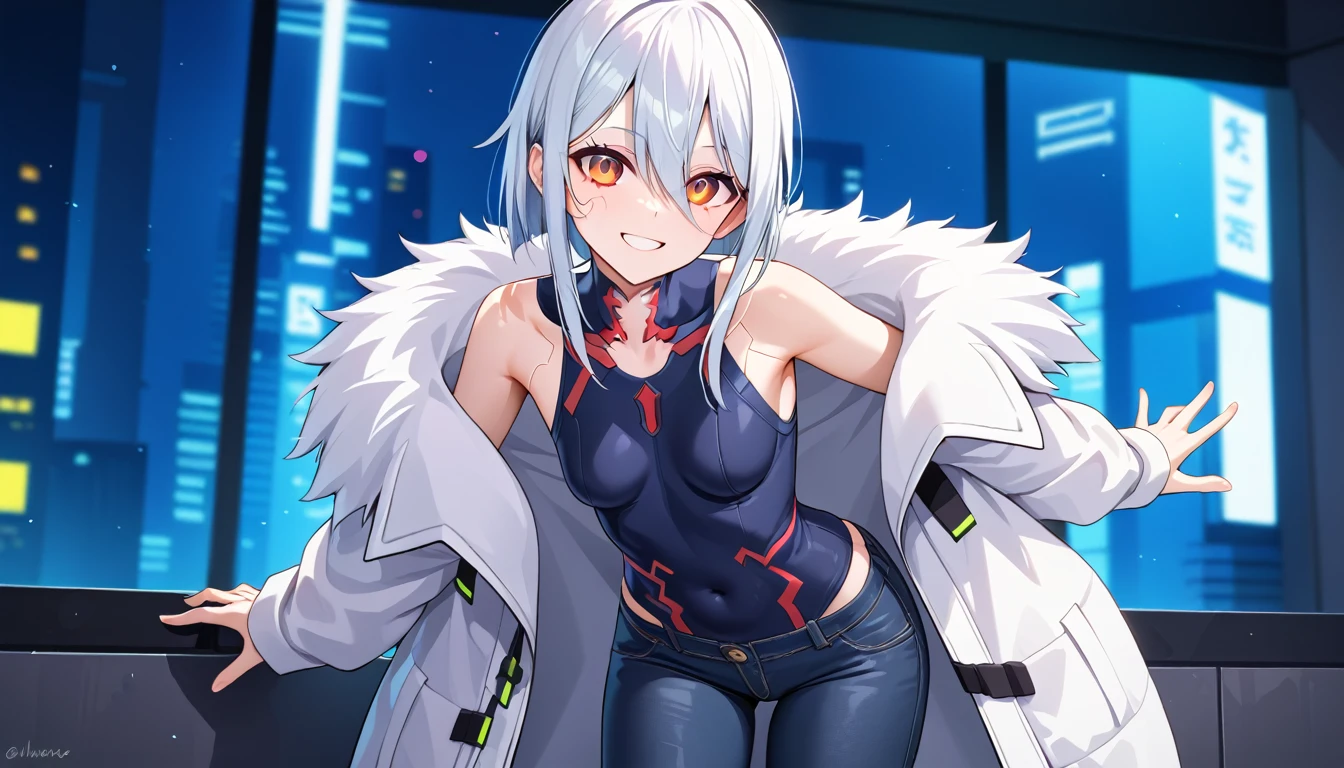 1girl, 15 years old, slim, small breasts, white hair, hairs between eyes, shoulder length hair, pale skin, (bright red eye:1.3), white duffle coat and long-sleeve black sweater, open jacket, jeans, gold pocket watches hanging from the neck, BREAK kawaii, smile, cowboy shot, pose, (cyberpunk night city:1.3), neon light, (light particle:1.3), BREAK smooth skin, pure skin, cinematic lighting, volumetric shadow, BREAK 3D CG illustration, score_9, score_8_up, score_7_up,