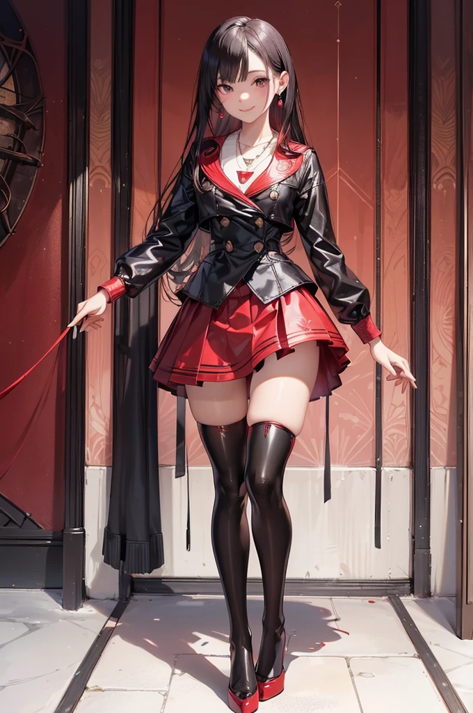 ((Biologically correct limb count)),(( From head to toe,Full-body photo including face)),4K,((Standing position)),masterpiece,((Focus on the face)),((Symmetrical facial features)),Eyes with detailed description,Beautiful woman,Great style,Beautiful arms,Beautiful legs,Beautiful Hands,(Small Ass,Thin thighs),Detailed depiction of the face,Small earrings,necklace,(Red and black latex sailor suit,skirt((High heels,Patterned stockings))),((Waiting for someone to meet up)),Silk gloves,Realistic photo,(Medium cut hair),Stand at an angle,(Eyes warp)、(Grin)