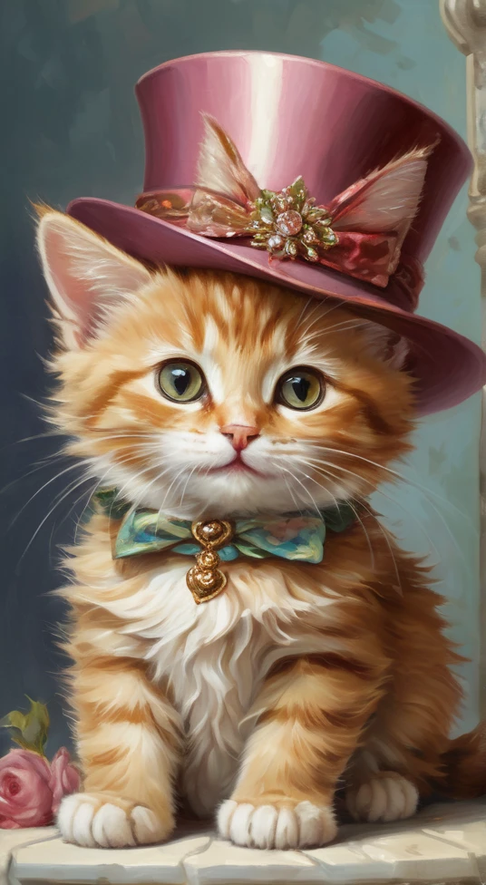 Alayna Lemmer style painting of a happy anthropomorphic kitten in a fancy hat  (Professional painting, Dynamic pose, Dynamic configuration, Dynamic Lighting, Realistic proportions, Very detailed, Intricate details, High resolution, Ray Tracing, Super detailed, Very detailed atmosphere, Very detailedテクスチャ)