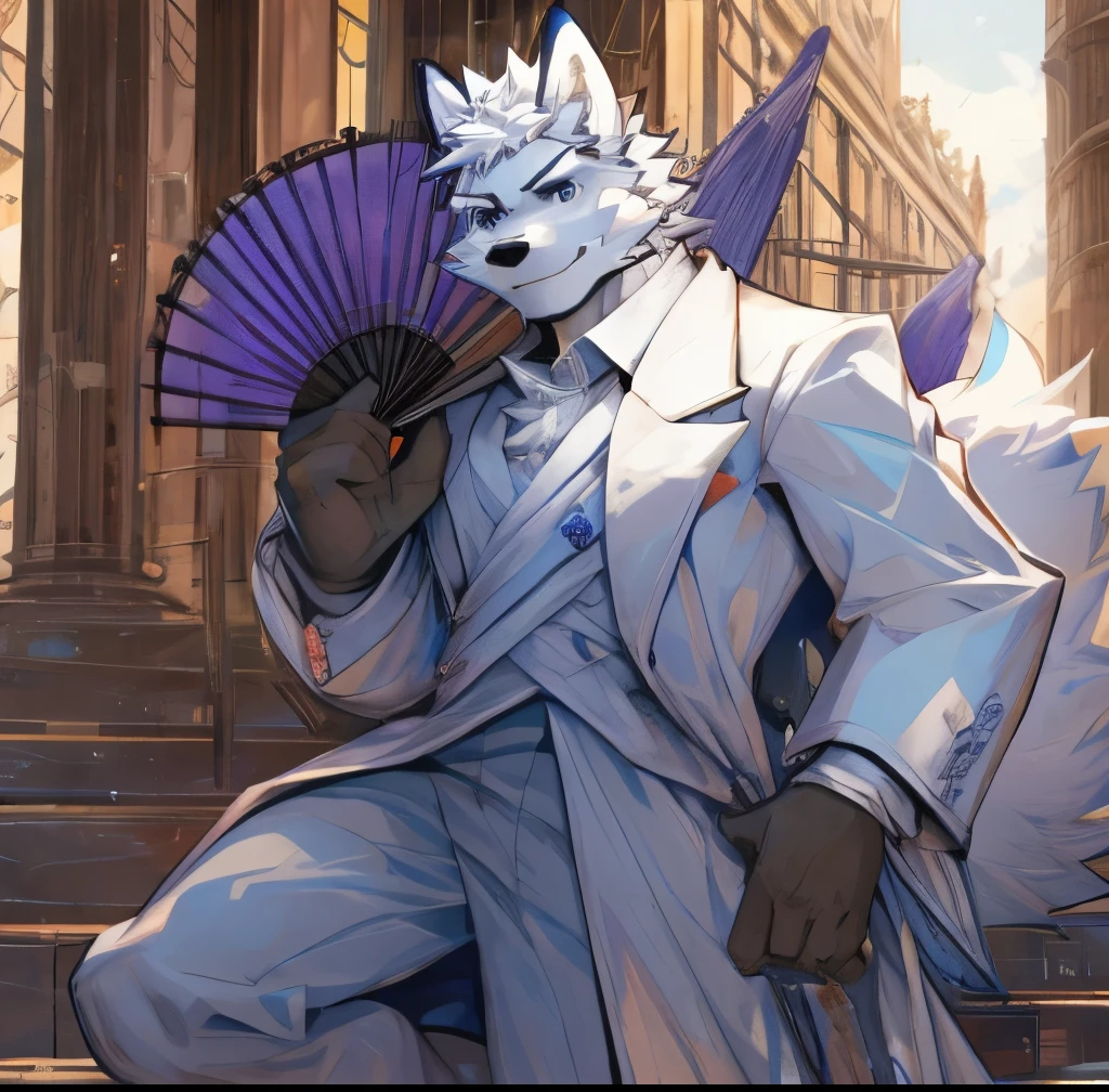 Nine-tailed white fox orc,White hair,White skin,White hair with light blue and lavender hair,masterpiece,White robe with white gauze,180,20 years old,Black boots,Wearing gloves on hands,Elegant gentleman,Coming down the stairs,Holding a closed folding fan,youth,masterpiece,Elegant figure。