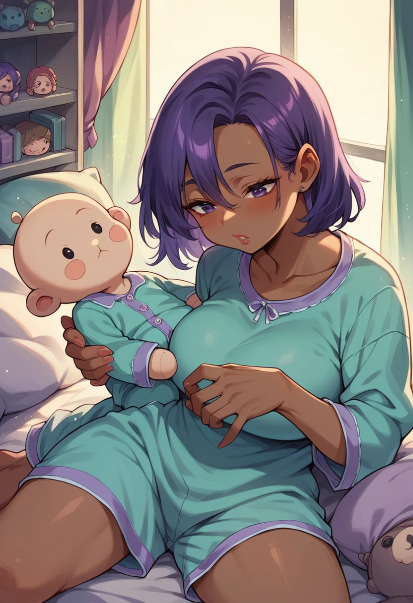 Dark-skinned milf, long purple hair,wearing baby doll pajamas,Room