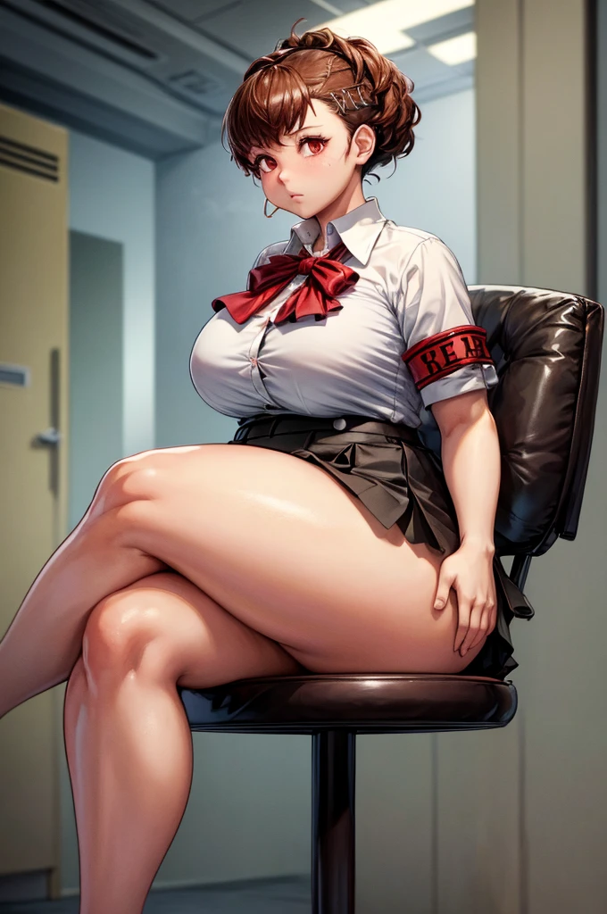 (masterpiece, best quality, highres, absurdres), 1girl, big belly, chubby arms, thighs, art by kipteitei, uniform, brown hair, black knee high skirt, white button up shirt, bow, armband, digital media player, headphones, chubby, embarrassed, flushed, sitting down with legs together, poking belly, shirt buttons popping