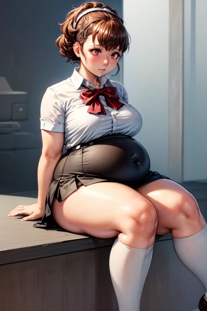 (masterpiece, best quality, highres, absurdres), 1girl, big belly, chubby arms, thighs, art by kipteitei, uniform, brown hair, black knee high skirt, white button up shirt, bow, armband, digital media player, headphones, chubby, embarrassed, flushed, sitting down with legs together, poking belly, shirt buttons popping