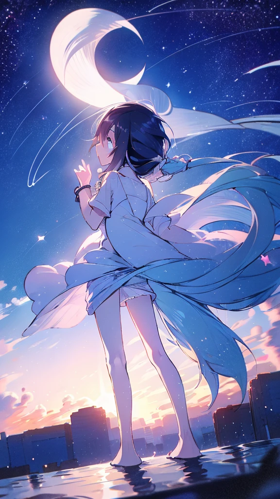 Seven-doppelganger shot,Anime style 4K,High quality anime art style,Standing painting,Splash ink background,Blue Themes、Pure white background,Buildings,Buildings,Moon and sun、Shining Star々,milky way,Facing forward,Clear eyes and nose,cute,beautiful,Thin legs,standing by the water, black hair, Blue eyes, girl, bob, front, cute,Long Hair,Whale flying in the blue sky,Buildings,whale,Black Hair,future,sunset,profile,Long legs,Back view