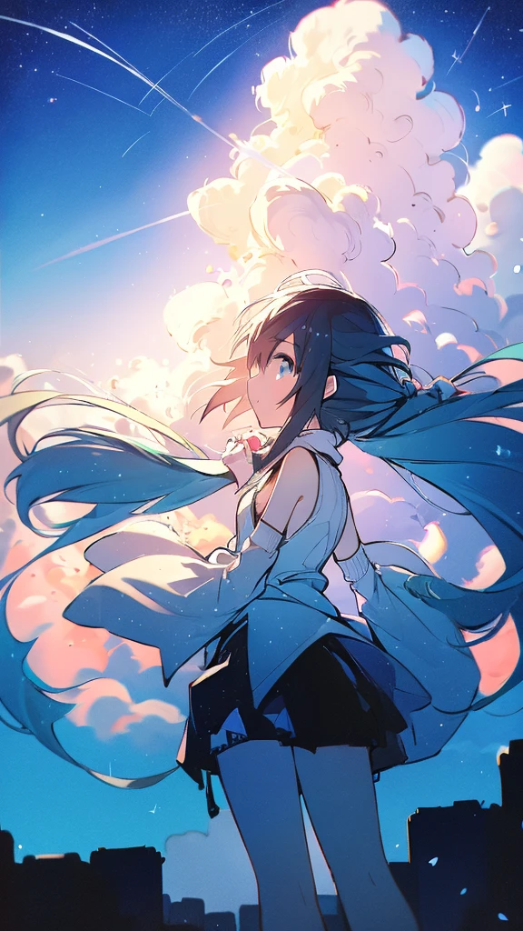 Seven-doppelganger shot，Anime style 4K,High quality anime art style，Standing painting，Splash ink background，Blue Themes、Pure white background,Buildings,Buildings,Moon and sun、Shining Star々,milky way,Facing forward,Clear eyes and nose,cute,beautiful,Thin legs,standing by the water, black hair, Blue eyes, girl, bob, front, cute,Long Hair,Whale flying in the blue sky,Buildings,whale,Black Hair,future,sunset,profile,Long legs,Back view