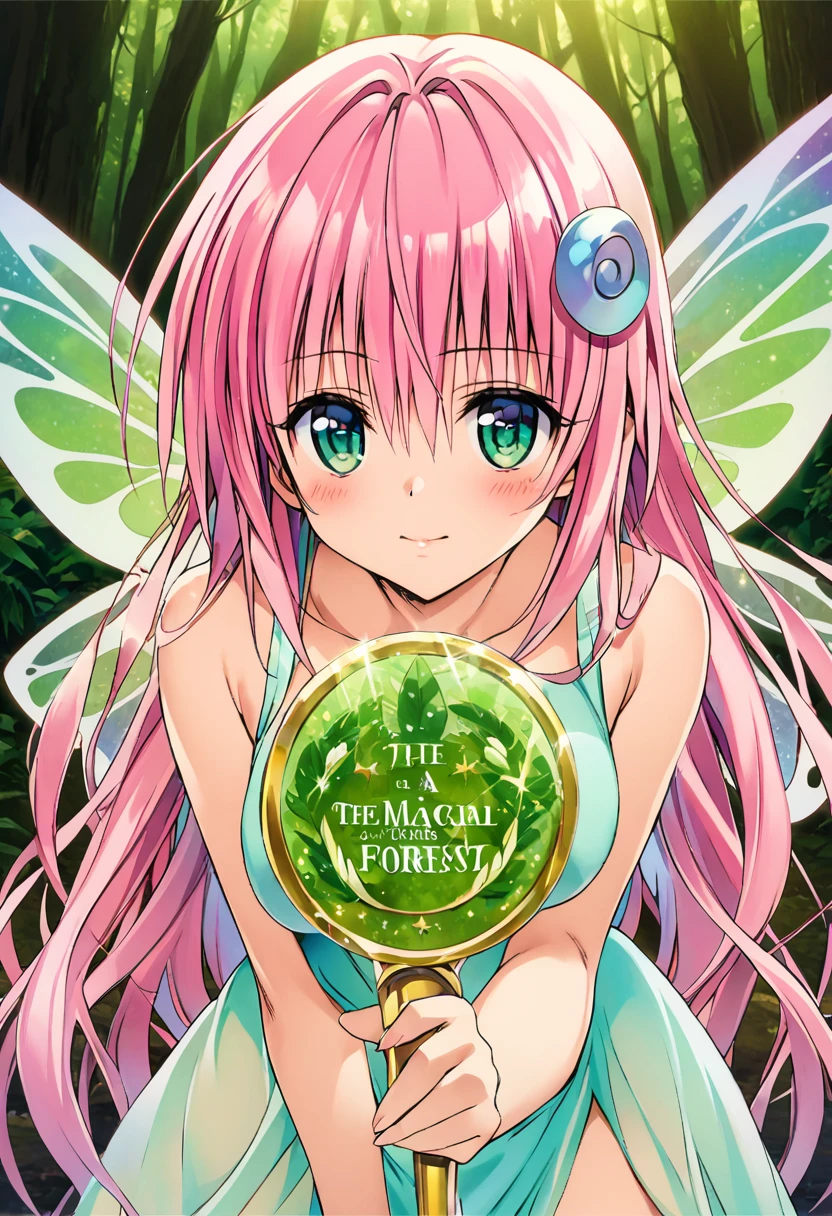A girl named Lara Satalin Deviluke with long pink hair and green eyes, wearing a hair ornament with iridescent colors. She has fairy wings and is in a magical forest. The image is in the style of Yabuki Kentaro’s To Love-Ru art style, aiming to be a masterpiece of the highest quality, resembling official art and a grand prix award illustration. The image should feature professional lighting and emphasize iridescent colors throughout the scene.
