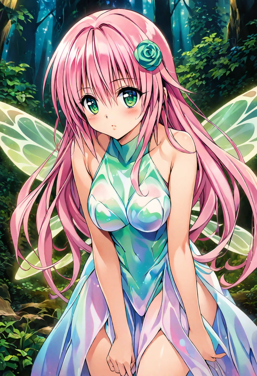 A girl named Lara Satalin Deviluke with long pink hair and green eyes, wearing a hair ornament with iridescent colors. She has fairy wings and is in a magical forest. The image is in the style of Yabuki Kentaro’s To Love-Ru art style, aiming to be a masterpiece of the highest quality, resembling official art and a grand prix award illustration. The image should feature professional lighting and emphasize iridescent colors throughout the scene.