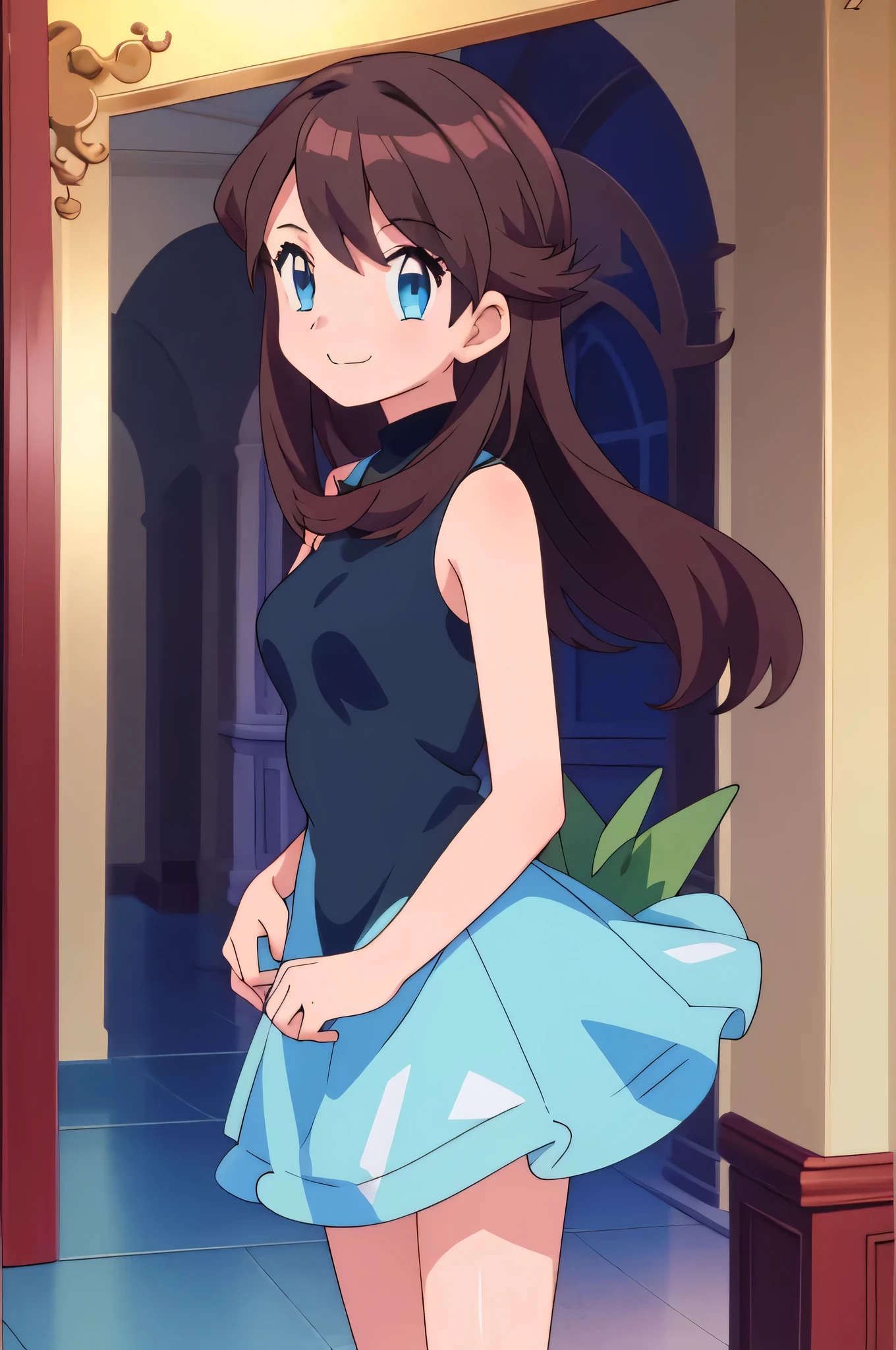 (masterpiece, best quality), intricate details, 1girl, green (pokemon), brown hair, blue eyes, looking at viewers, standing up straight, sleeveless black skin tight dress, smile, indoor, pokemovies, cowboy shot