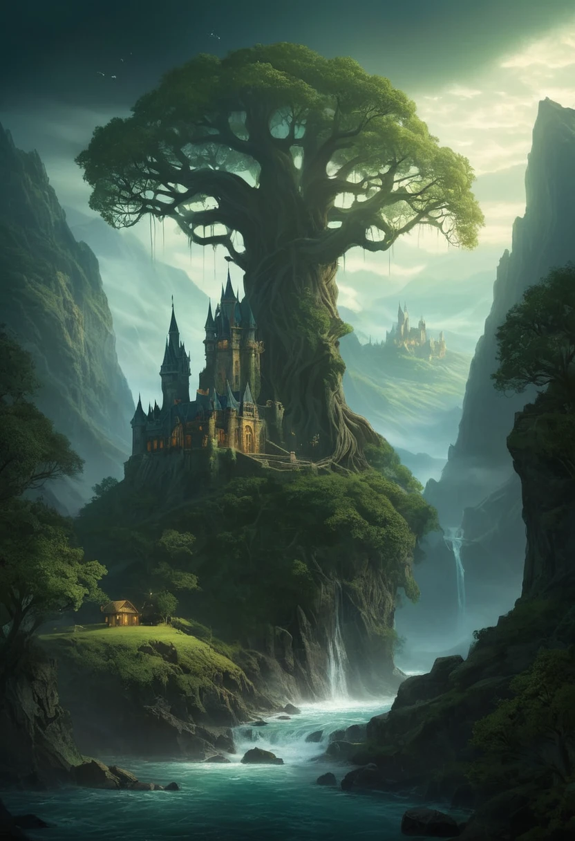 Generate a breathtakingly ethereal fantasy concept art featuring the depths of an ancient gnarled tree, with its twisted branches reaching out to embrace a magnificent celestial enchanted fairy castle nestled amongst them, dim eerie light cast by the castle should illuminate both the corrupted tree and its dark surroundings, creating an ominous yet captivating atmosphere. Emphasize the painterly style of Andreas Rocha and H.P. Lovecraft to infuse this artwork with a sense of otherworldliness and mystery. Ensure that every element in this masterpiece is rendered with ultra-realistic high quality and highly detailed textures for maximum realism, making it perfect as cover art or simply an epic piece of fantasy art.