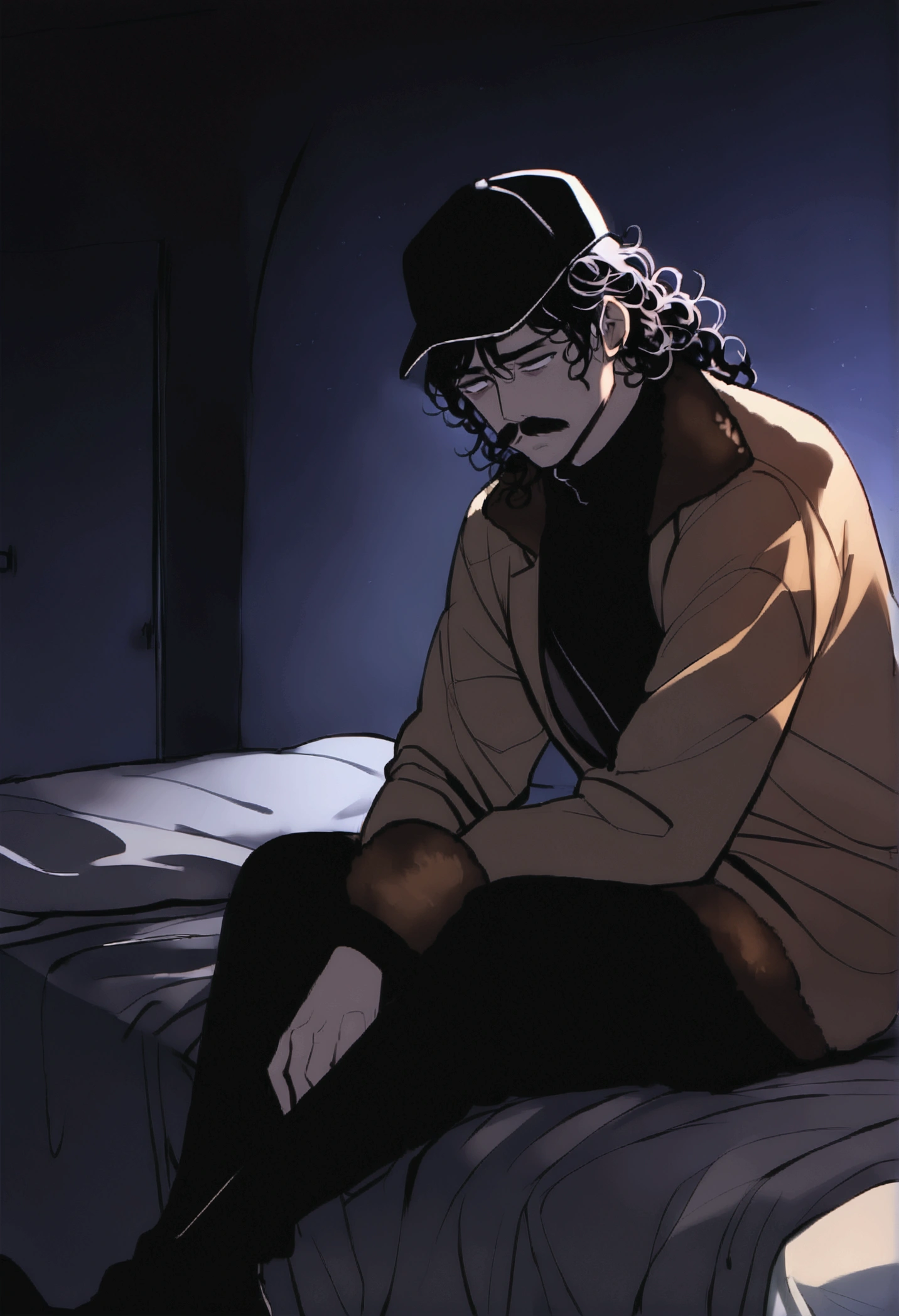 (detailed), (((normal guy))), (arab features), ((brown sheepskin jacket)), ((black curly hair loose hair)), (sad face), ((by the wide)), ((tall black boots)), (((Whole body))), ((sitting on the bed in a room)), ((male)), (black turtleneck sweater), ((only one person)), (at night), ((poorly lit room)), ((((dark room)))), sparse mustache, (black cap)