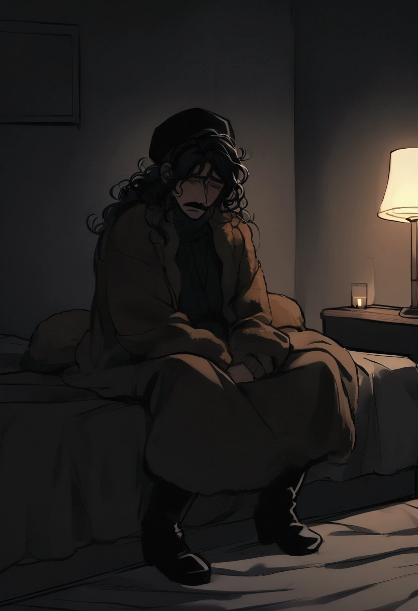 (detailed), (((normal guy))), (arab features), ((brown sheepskin jacket)), ((black curly hair loose hair)), (sad face), ((by the wide)), ((tall black boots)), (((Whole body))), ((sitting on the bed in a room)), ((male)), (black turtleneck sweater), ((only one person)), (at night), ((poorly lit room)), ((((dark room)))), sparse mustache, (black cap)