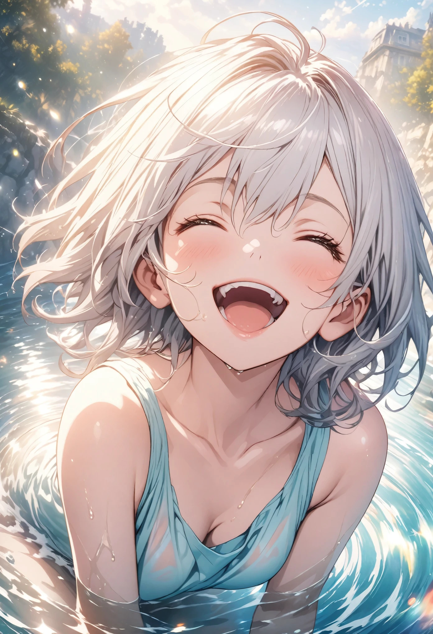 masterpiece, Highest quality, Highly detailed CG Unity 8k wallpaper, High School Girl Anime Illustration. Wear an oversized tank top、arms raised in the airポーズをする、she has her eyes closed and mouth open, smile. The background is a light pastel colored landscape., white hair color, Yellow Eyes, Cowboy Shot、Kitten smiling and looking up at girl, Taking a bath, Realistic depiction of water