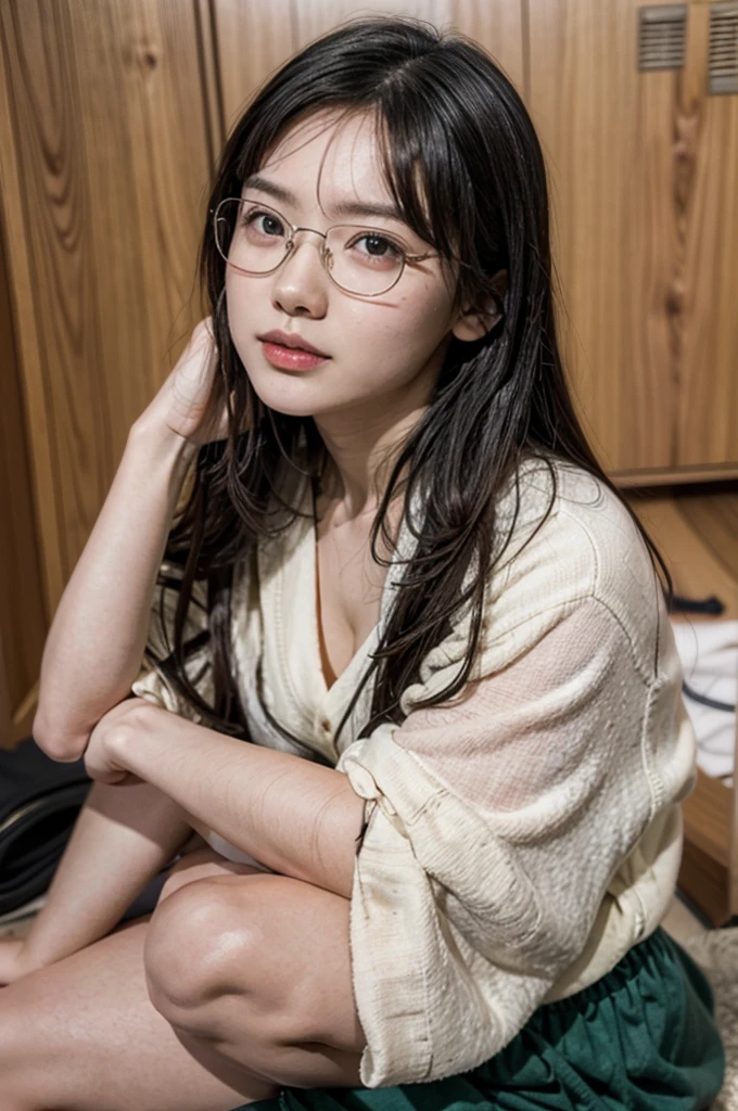 There is a woman sitting on the floor with her legs crossed..., Wearing glasses, Japanese Model, Wearing glasses on, Wearing square glasses, Young Sensual Gravure Idol, Yasumoto Oka, Genuine young gravure idol, Without glasses, Yoshitomo Nara, Aoi Ogata, Wearing glassesいる, Surreal,Provocative,((Beautiful Skin)),((Skin Texture)),((Real Touch)), healthy, unreddish skin, Cute freckles on the cheeks,Mole under left eye,