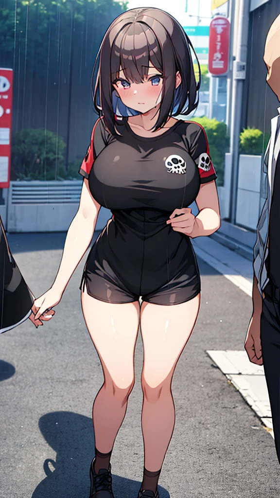 Full body image, front, One girl, 18-year-old, Mix 4, (32K, RAW Photos, Highest quality, masterpiece:1.2), (Anime-like, photoAnime-like:1.37), cute, Short sleeve T-shirt,Shorts,Black knee socks, night, rain, Humidity, Professional Lighting, Photon Mapping, Radio City, Physically Based Rendering, Super Resolution, (Big Breasts:1.2), {{The biological weapon that had preyed on the younger sister took her place and reunited with the older brother, The rebellious little sister has become the obedient little sister}}, Girl Skull, whole body, NSFW