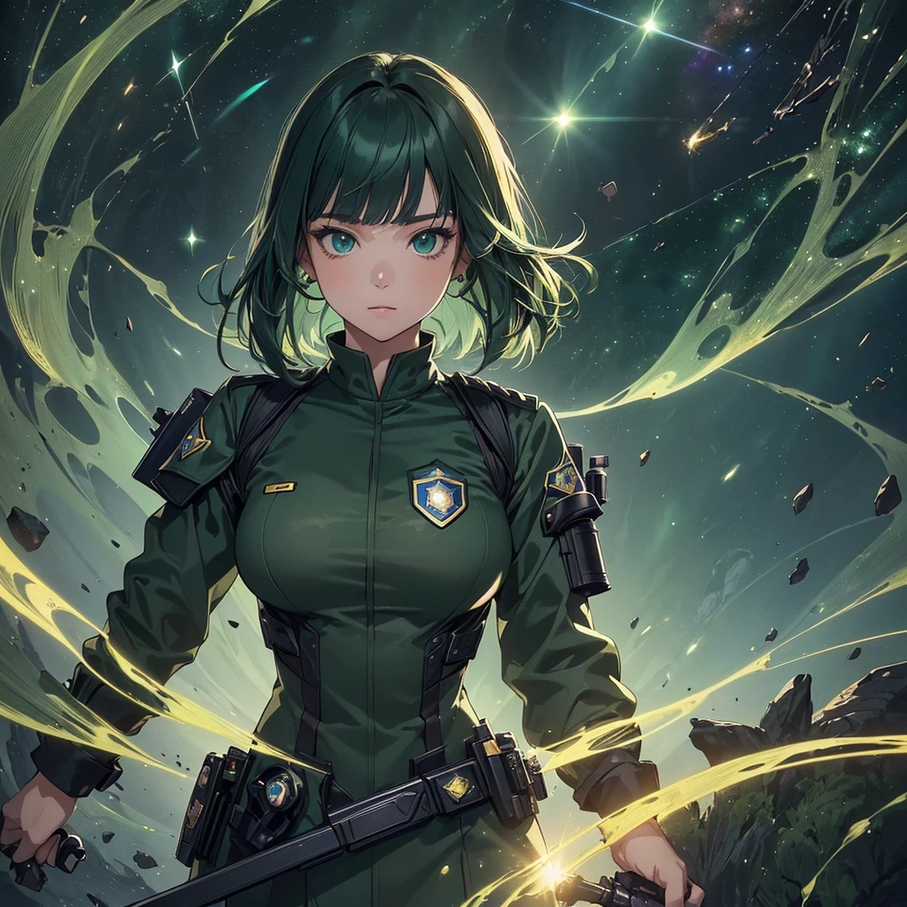 (Fantasy Illustration:1.2), (Front facing,Standing,Delicate facial expression,One person:1.5), (anime,8k,masterpiece, Highest quality, Highest quality,beautifully、aesthetic:1.2,Professional illustrations:1.1,Super detailed:1.3), Very detailed, Most detailed, Incredibly absurd, High resolution, Super detaileded, Complex:1.6, (girl), Very exquisite beautiful face and eyes, Beautiful Hair, Bob Hair, Blunt bangs, ( Dark green space police uniform:1.5), Guess the skin, (Abstract:1.2), cute, (Small stature,Large Breasts),beautiful hands ,nail