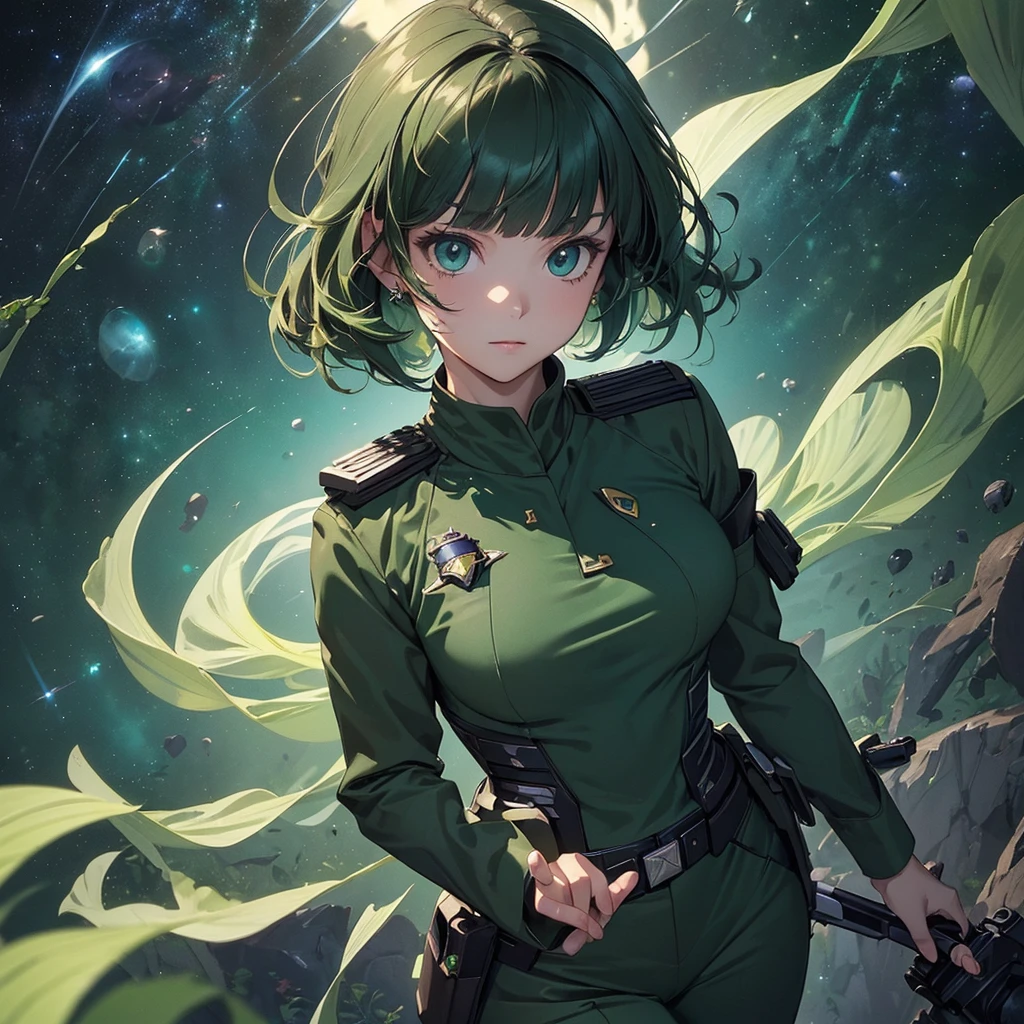 (Fantasy Illustration:1.2), (Front facing,Standing,Delicate facial expression,One person:1.5), (anime,8k,masterpiece, Highest quality, Highest quality,beautifully、aesthetic:1.2,Professional illustrations:1.1,Super detailed:1.3), Very detailed, Most detailed, Incredibly absurd, High resolution, Super detaileded, Complex:1.6, (girl), Very exquisite beautiful face and eyes, Beautiful Hair, Bob Hair, Blunt bangs, ( Dark green space police uniform:1.5), Guess the skin, (Abstract:1.2), cute, (Small stature,Large Breasts),beautiful hands ,nail