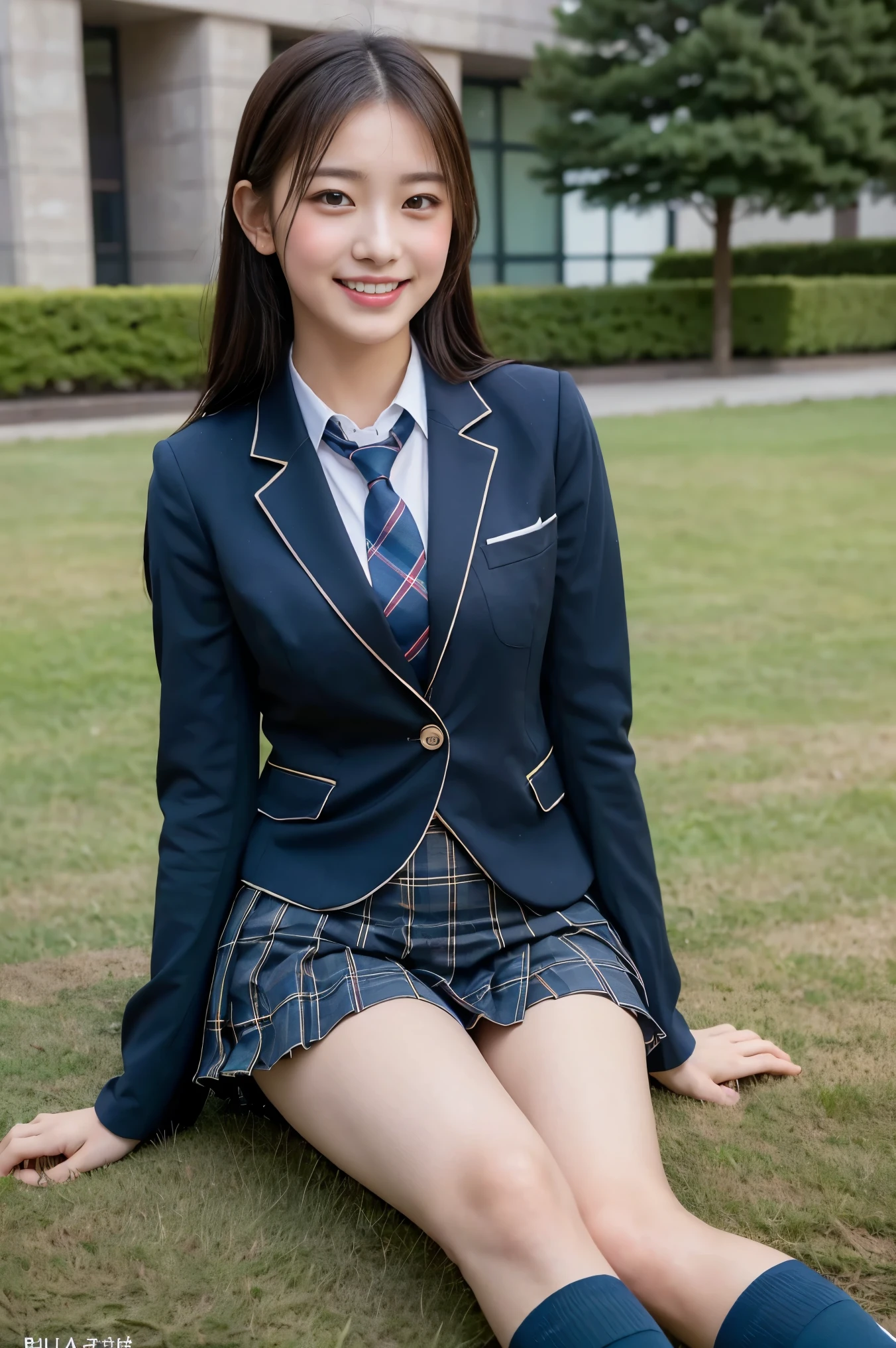 (8K), (highest quality: 1.2), (Realistic), (Realistic: 1.37), Ultra-high resolution, 1 girl, cute, (Embarrassed smile:1.2), (Blushing:1.4),Mouth closed, Beautiful details, Beautiful Nose, black straight Hair, giant dulcefo, pork, Thighs,Navel exposed,University Student Uniform,A simple blazer,Pleated skirt,(The skirt and tie are tartan check pattern.:1.3),(sitting on a park:1.2),(Shiny Thighs:1.2), medium shot , (dark blue school socks:1.2)