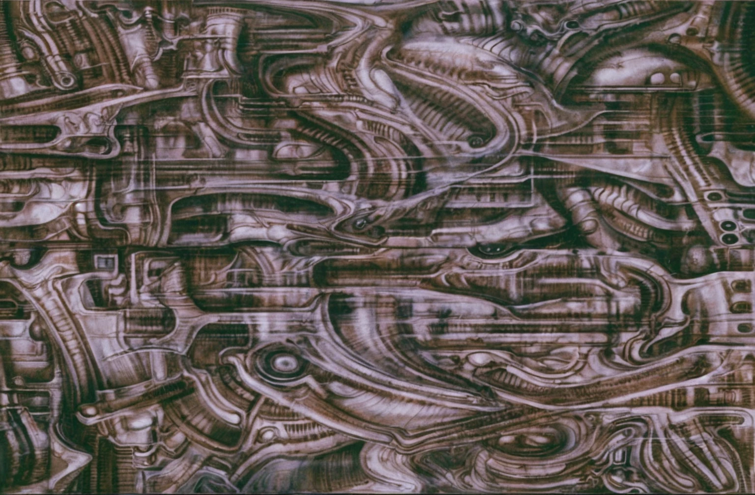xgiger, The image is a detailed view of H.R. Giger's biomechanical tableau \" LANDSCAPE No 312 \" plate, featuring
a complex, intricate, and detailed design of endless Machine in the transit space over the cascade of fallen water, that appears to be a fusion of organic and mechanical elements, with a focus on the interplay between the two.The piece is a tableau, most likely created with a India ink pen or pencil on paper, determined by the thin lines, shading techniques, and the texture of the paper, which is visible around the edges.
Used is pen, given the shading and variations in line weight visible in the image. Artist have used a variety of stylus with different degrees of hardness to achieve the shading effects.
The use of undersaturated green-grays dark contrasts creates a stark and graphic look. Is used a variety of linework techniques to create different textures. Fine, parallel lines create a smooth, metallic texture,while thicker, more cursive lines suggest cables or wires.
Light source from the top highlights skeletals, pper part of foreground, lower part of image is in shadowupper part of foreground, lower part of image is in shadow.
The art performance showcases the artist’s skills in observation and rendering. The level of detail in the piece suggests a close study of real bone specimens and mechanics. The artist has skillfully used shading techniques to create a convincing illusion of three-dimensionality on a flat surface. The wrinkles and cracks in the surface, and the cast shadows with accuracy, used shading techniques to create a realistic depiction of light and shadow on the objects. This creates a sense of depth and dimension in the image. The artist has used careful linework to depict the contours and textures in the piece
Sharp focus on foreground elements illustration. Deep and delicate DOF. Big painting. Stored in Louvre masterpiece, ooze soaked pajama top