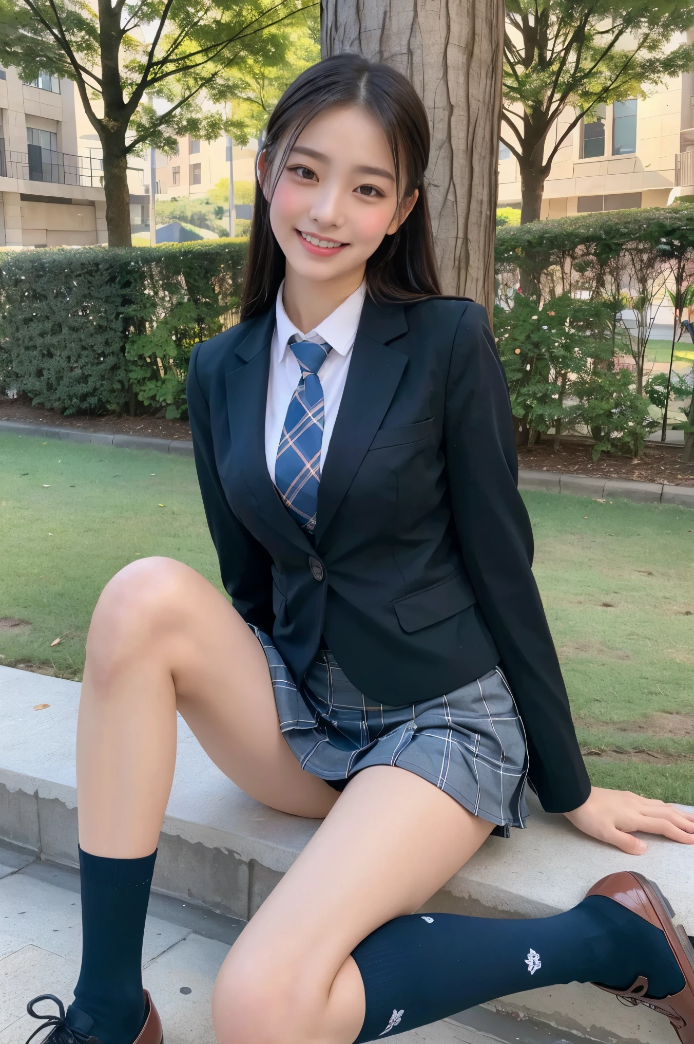 (8K), (highest quality: 1.2), (Realistic), (Realistic: 1.37), Ultra-high resolution, 1 girl, cute, (Embarrassed smile:1.2), (Blushing:1.4),Mouth closed, Beautiful details, Beautiful Nose, black straight Hair, giant dulcefo, pork, Thighs,Navel exposed,University Student Uniform,A simple blazer,Pleated skirt,(The skirt and tie are tartan check pattern.:1.3),(sitting on a park:1.2),(Shiny Thighs:1.2), medium shot , (dark blue school  socks:1.2)
