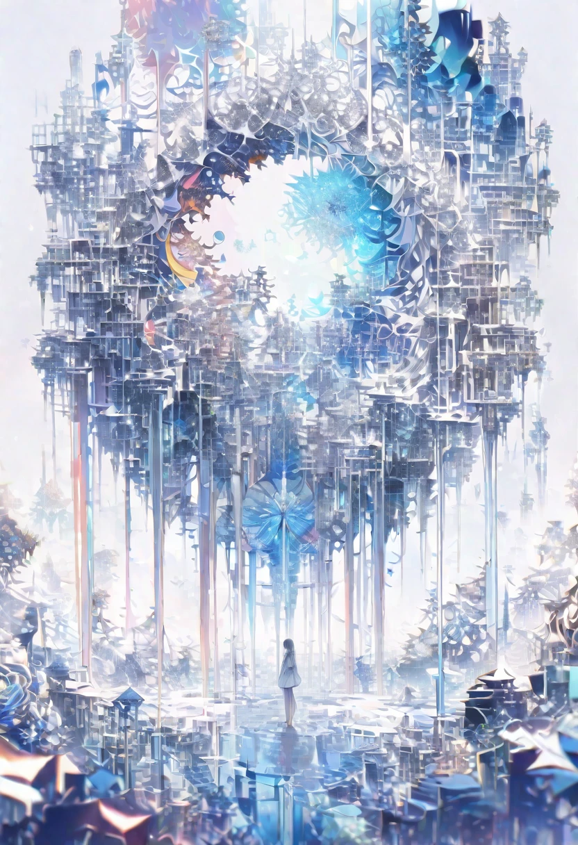 Tai Chi diagram、((masterpiece)), (anime:1.3), ((Highest quality)), (Abstract art:1.5), (High resolution), (pale colour), Wide Shot, (Fractal structure:1.5), (Simple white background:1.6), landscape, (beautiful), (Biological atmosphere), deep sea, (pretty girl), (Hollow Eyes), (profile), beautiful白い髪, (Are crying), transparent Glass ice mirror Blue rose crystal