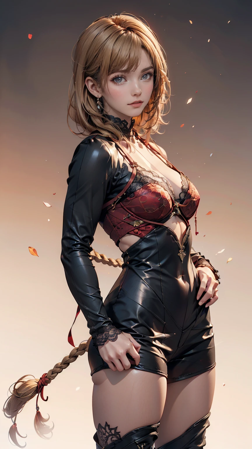 The witch again, 、24-year-old woman、Sexy proportions、erotic、Lace-embellished bondage suit、Chest、High leg、Knee-high boots、Place hands on hips、Gray gradient background、Blonde to red gradation hairstyle ((gradient hair))、Side-swept chignon((good site))