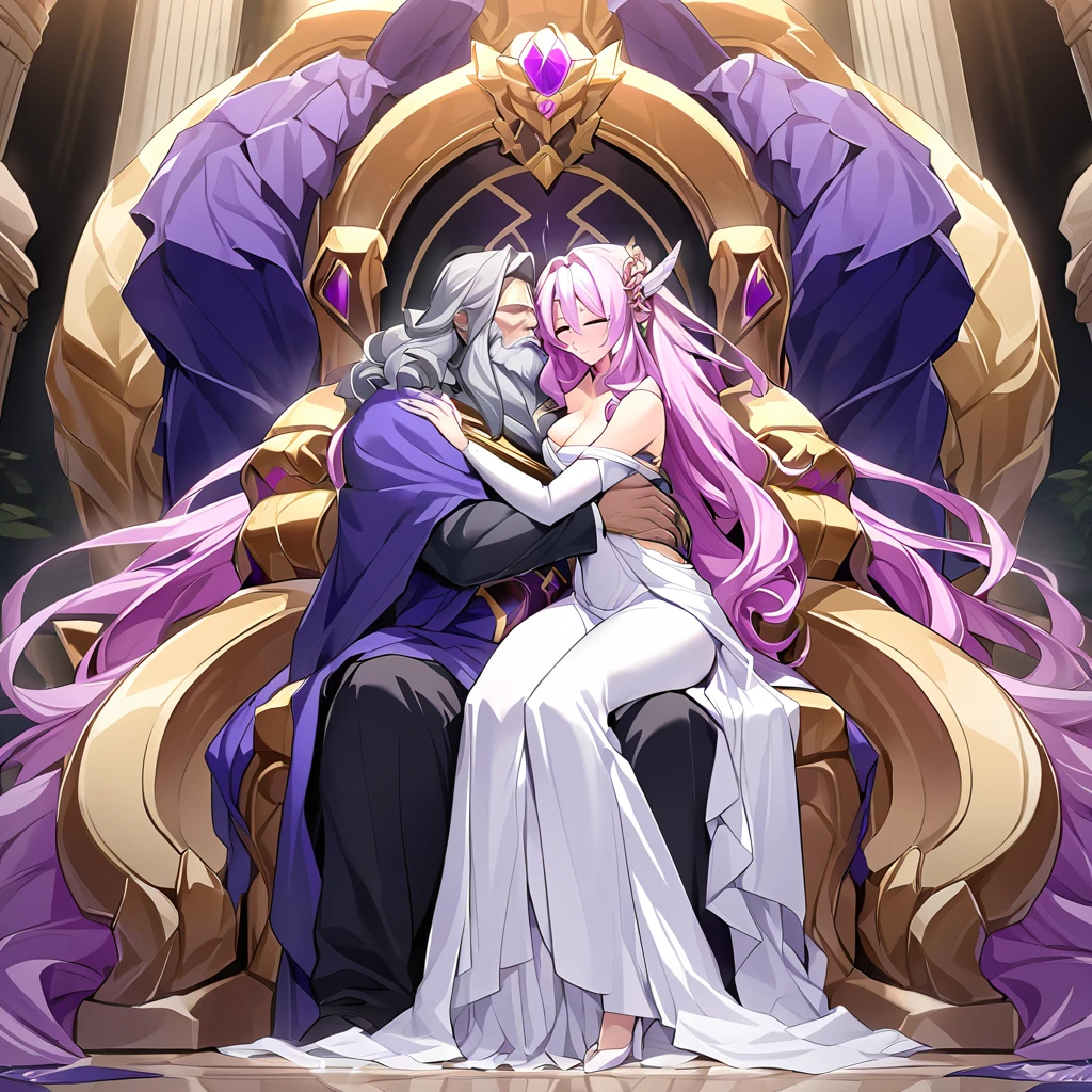 ((Highest quality)), ((masterpiece)), (detailed), (Perfect Face)、Women are divine in both mind and body, like the Greek goddess Hera.々Hera, the wife of Zeus, king of the gods, is a goddess and queen who happily hugs and kisses a man, making love and embracing each other.、The woman is the goddess Hera, the queen of the one and only god Zeus. She has medium-long hair, wears a gorgeous ancient Greek Doric chiton, an engagement ring, and gorgeous accessories. She is an elegant, graceful, and beautiful goddess, Hera, and the wife of Zeus.、A woman is seen embracing, kissing and cuddling with the majestic, bearded, elderly man of the ancient Greek god Zeus, wearing a Doric chiton, on a magnificent throne in a temple.、A man wearing an ancient Greek Doric chiton is a dignified, bearded old man, the god Zeus, embracing, caressing and fondling a woman.