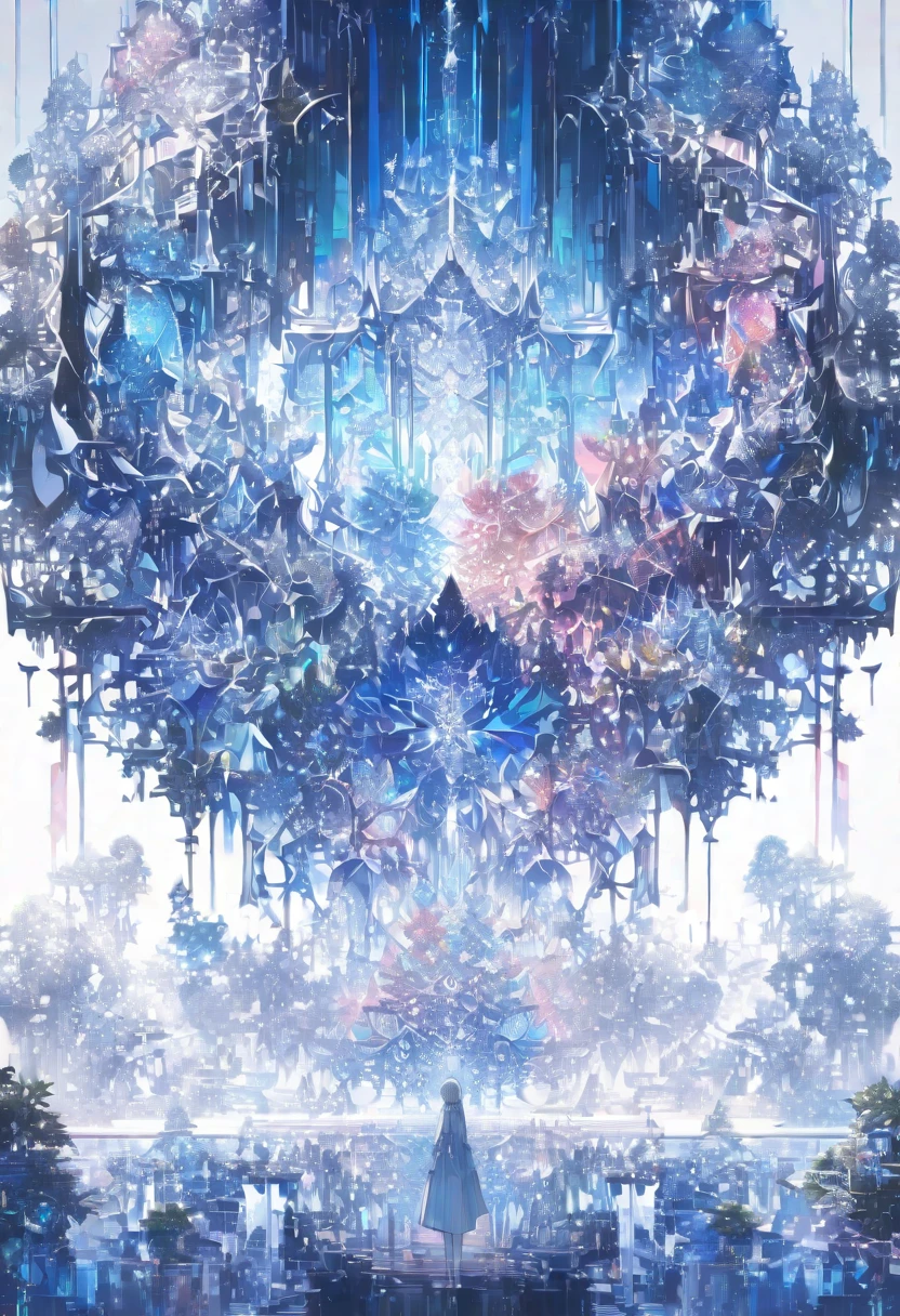 Tai Chi diagram、((masterpiece)), (anime:1.3), ((Highest quality)), (Abstract art:1.5), (High resolution), (pale colour), Wide Shot, (Fractal structure:1.5), (Simple white background:1.6), landscape, (beautiful), (Biological atmosphere), deep sea, (pretty girl), (Hollow Eyes), (profile), beautiful白い髪, (Are crying), transparent Glass ice mirror Blue rose crystal