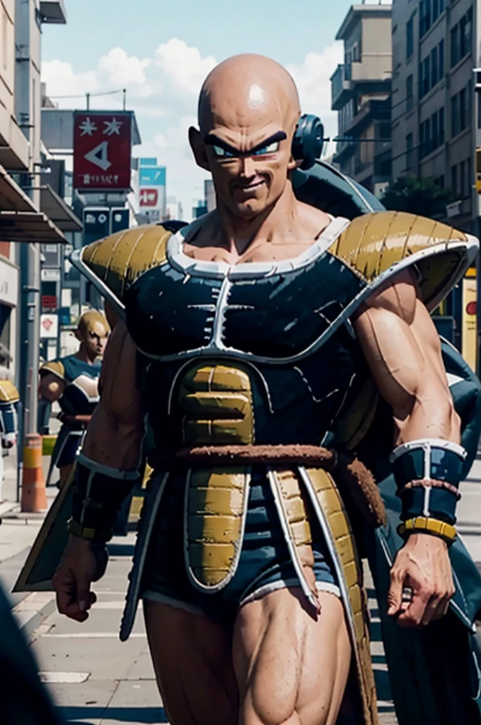 napa, baldie, eyes black, whisker, muscular, (((((Dark Blue Saiyan Armor))))), dark blue armbands, Dark blue boots, glitches, briefs black, tail around the waist, looking towards the left side, evil smile, serious, standing, in the middle of the city, raising the closed left hand ,next to vegeta who is in his white spherical ship wearing his sayajin armor and scouter,distant city,  extreme detail, work of art,  