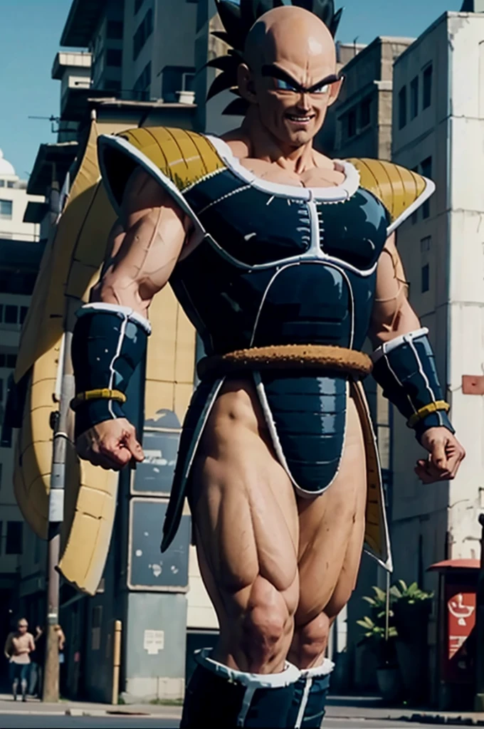 napa, baldie, eyes black, whisker, muscular, (((((Dark Blue Saiyan Armor))))), dark blue armbands, Dark blue boots, glitches, briefs black, tail around the waist, looking towards the left side, evil smile, serious, standing, in the middle of the city, raising the closed left hand ,next to vegeta who is in his white spherical ship wearing his sayajin armor and scouter,distant city,  extreme detail, work of art,  