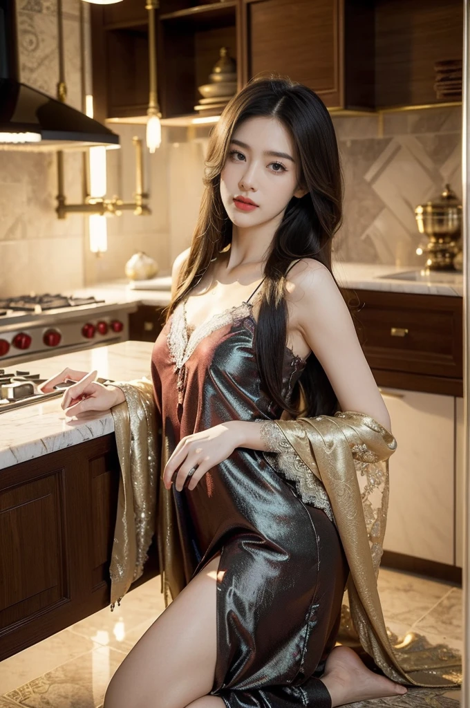 (((best quality))),(((ultra detailed))),(((masterpiece))),illustration,((1 beautiful girl,solo)),(shoulder length straight hair:1.2),((earrings,necklace)),((slim,thin)),((small breasts,flat chest)),(luxurious lace nightgown:1.3),(slender legs:1.2),(standing:1.3),(arms behind back:1.3),(sumptuous kitchen:1.3),window,bustling,metropolis,striking,delicate emerald eyes,mystery,allure,red lips,fair,complexion,sophistication,attire,exquisite,frame,plunging,intricate pattern,romance,elegance,walls,expensive,tiles,countertops,gleaming,marble,culinary,gadgets,organized,counter,aromatic,steam,simmering,stove,ambiance,(night scene:1.3),skyline,skyscrapers,distance,aglow,vibrant colors,contrast,serene,atmosphere,opulence,sophistication,light,shadow,vivid,interplay,experience,captivating,ambiance,((from front,full body))