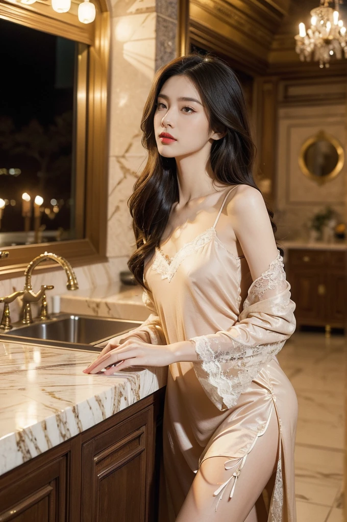 (((best quality))),(((ultra detailed))),(((masterpiece))),illustration,((1 beautiful girl,solo)),(shoulder length straight hair:1.2),((slim,thin)),((small breasts,flat chest)),(luxurious lace nightgown:1.3),(sumptuous kitchen:1.3),window,bustling,metropolis,striking,delicate emerald eyes,mystery,allure,red lips,fair,complexion,sophistication,attire,exquisite,frame,plunging,intricate pattern,romance,elegance,walls,expensive,tiles,countertops,gleaming,marble,culinary,gadgets,organized,counter,aromatic,steam,simmering,stove,ambiance,(night scene:1.3),skyline,skyscrapers,distance,aglow,vibrant colors,contrast,serene,atmosphere,opulence,sophistication,light,shadow,vivid,interplay,experience,captivating,ambiance,((from front,full body))
