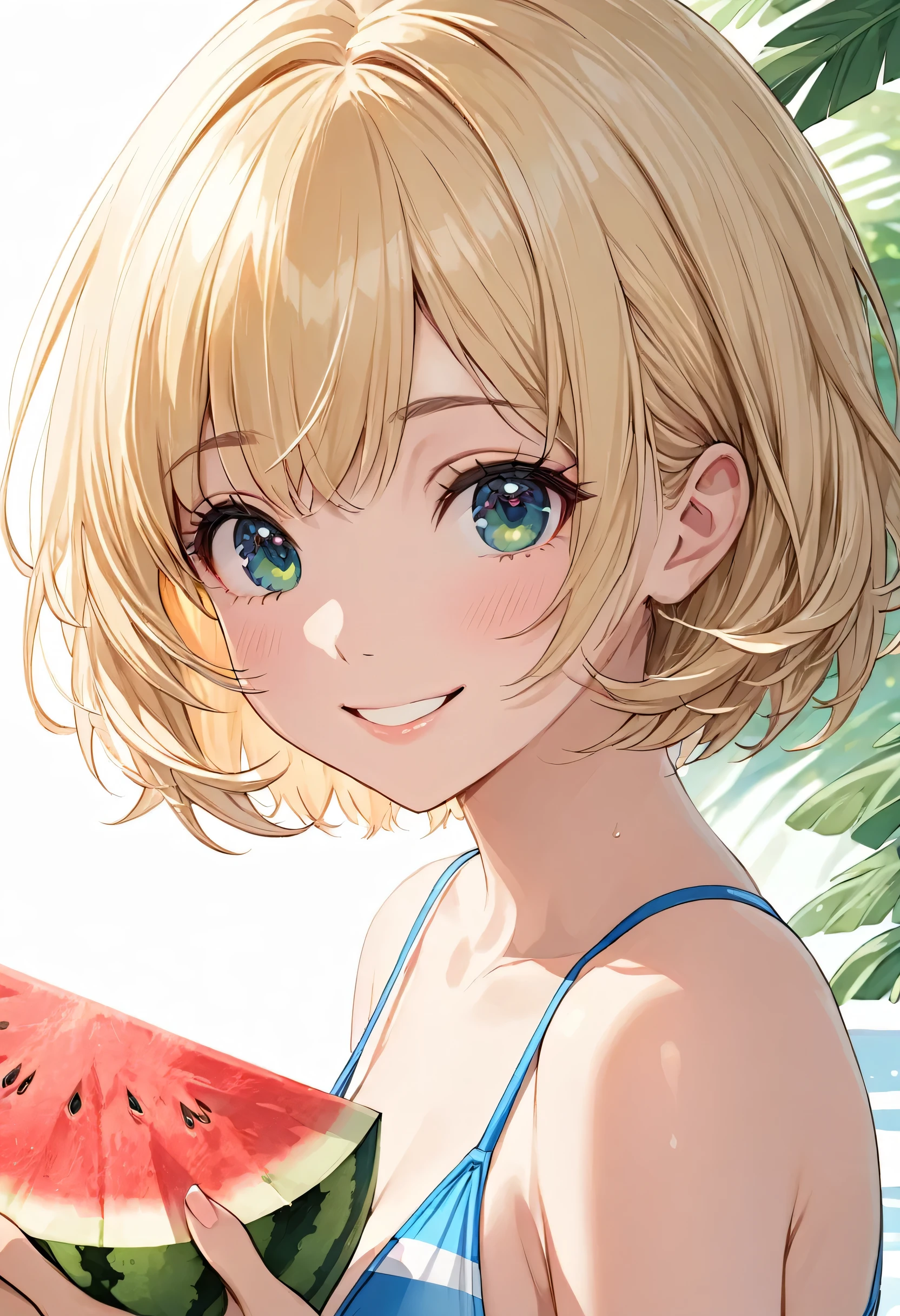 One girl, blonde short hair, wearing a swimsuit and taking Watermelon,smile,(((masterpiece))), (((best quality))), ((ultra-detailed)), (illustration), (detailed light),((an extremely delicate and beautiful)),(beautiful detailed eyes),