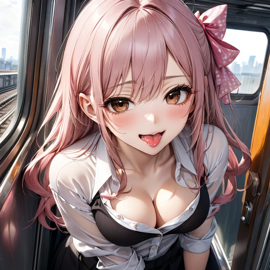 NSFW, (super realistic skin detail:1.4), (Kasumi Arimura like detailed Makeup:1.4), POV Involving the male viewer's own body, (You are a lovely girl and will surely answer all your requests, Very erotic atmosphere, She raises her arms and puts her arms around your shoulders, the viewer, and hugs you POV), You looking down on her from above as she faces you in an erotic atmosphere against the train window and hugs you tightly as she presses her breasts against your chest, Very erotic tongue and glossy erotic lips, (Masterpiece, Super photo realistic, Super realistic details, Super Highest Quality, Super Highest Quality), super cute and beautiful girl, You are male professional photographer, Japanese gal, For dark brown eyes, Pink highlight hair color, Pink ribbon, gal make-up, False eyelashes, Pearl pink lips, (Very open front shirt:1.3), Cleavage that seems to be about to spill out from a shirt that is about to be ripped off, big open mouth, (brown eyes:1.4), big round chest, BREAK, (Half down two side up very long hair style:1.4), very cute , Mischievous smile, evil smile, (one side skin fang:1.2), realistic cute Japanese girl, cleavage, half closed eyes, very big open mouth glossy tongue out, orgasming, Display the effect of a body jolting and shaking, The shirt is open to the shoulders, Chin up close face focus,