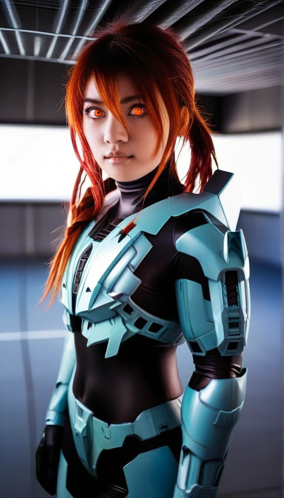 1 Girl、((glowing eyes, red eyes)), Medium Bust、solo、red Hair、Braid、Mobile Race Suit、Shoulder Armor、ceiling、Wide Shot、Looking Ahead、zipup suit 、Closed Mouth、Highest quality、medium quality、22 years old、Mobile Trace System、cockpit、Asian、CyborgCosplay
