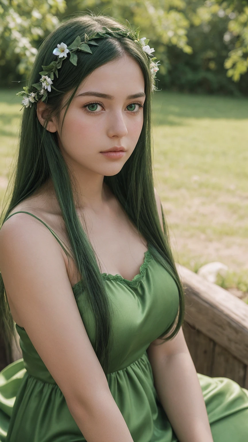 a girl.  face sent feeling.  Europe.  Oval face.  long face.  delicate facial features.  seductively seductive.  sad eyes.  green eyes.  long straight hair.  green hair.  wreath on head.  big breasts.  big thighs.  sad.  shy.  green silk nightgown.  shy sitting posture.  straight face.  outdoor