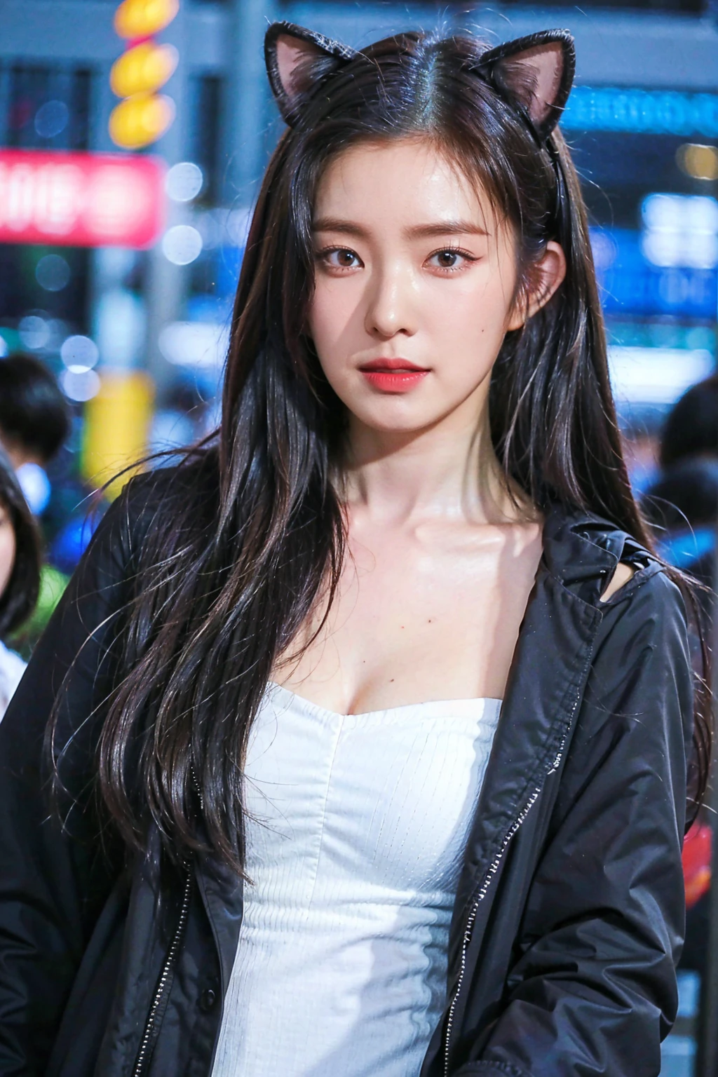 Anime girl with long hair and cat ears in the city, delicate face, beautiful face, 4K Ultra HD, masterpiece, digital cyberpunk anime art, cyberpunk anime girl mech, female cyberpunk anime girl, cyberpunk anime girl, anime cyberpunk art, cute cyborg girl, Digital Cyberpunk - Animation Art, cyberpunk anime art, oppa cyberpunk, animation style 4k, perfect android girl, cyberpunk beautiful girl, beautiful girl cyborg