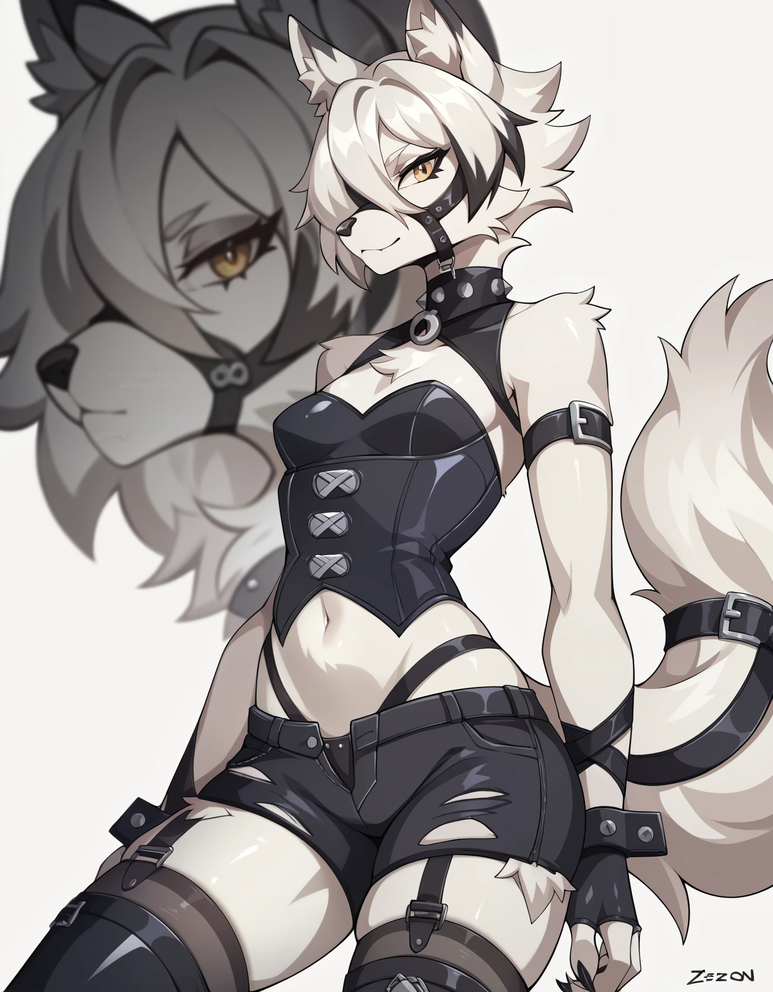 Solo, Score_9, score_8_up, score_7_up, source_anime, von_lycaon_(zenless_zone_zero), Anthro, source_furry, Anthro furry white wolf, all white furry body,  standing, female, feminine, small breasts, wearing black corset, black short shorts, black stiletto boots, seductive, simple white background 