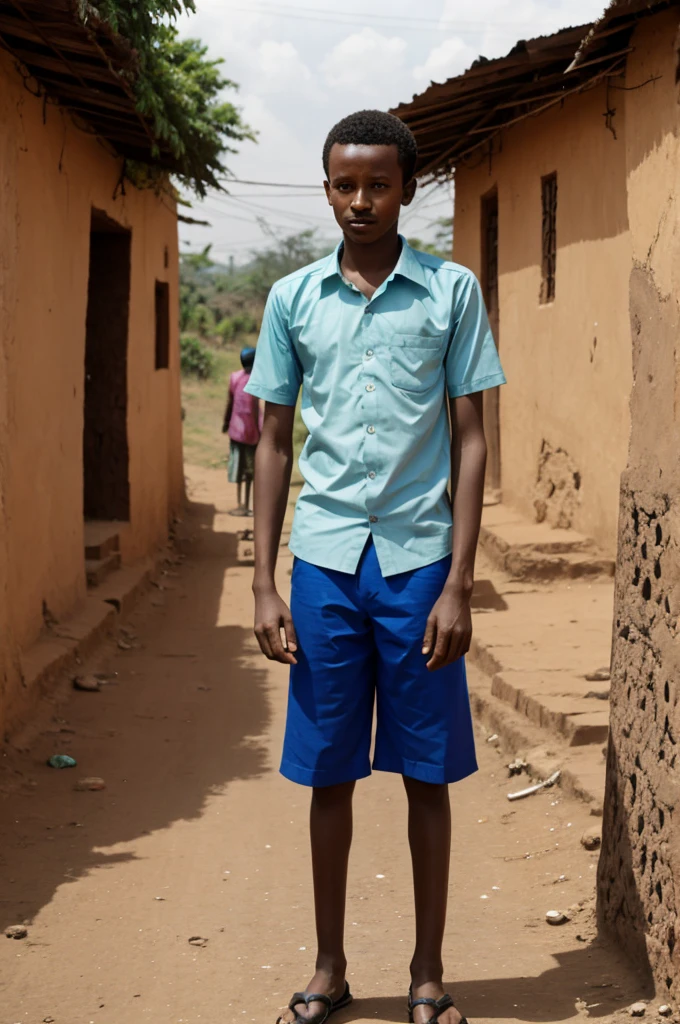 Create a highly detailed ultra realistic portrait image of a young cute African boy of around , wearing white shirt and having a low shaved haircut It's."He takes the bag and places it in front of the neighbor's door with a smile."