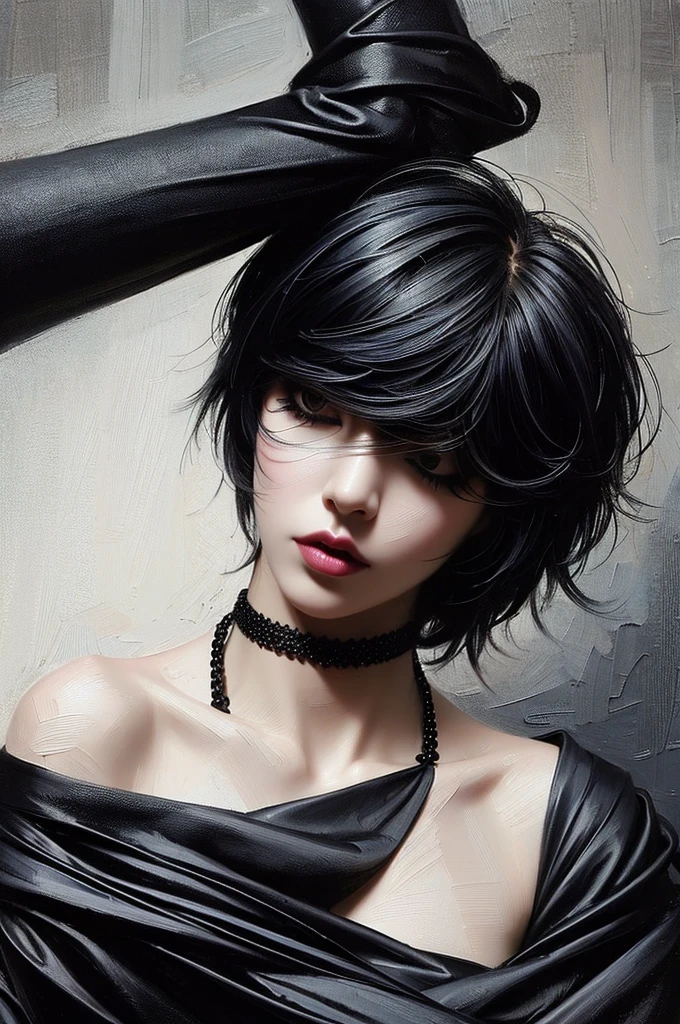 1 girl, short rainbow colored hair, short pixie cut, massive accentuated super huge enormously gigantic breasts, dark, dimmed light, gothic, black corset, black lace choker, thighhigh boots
