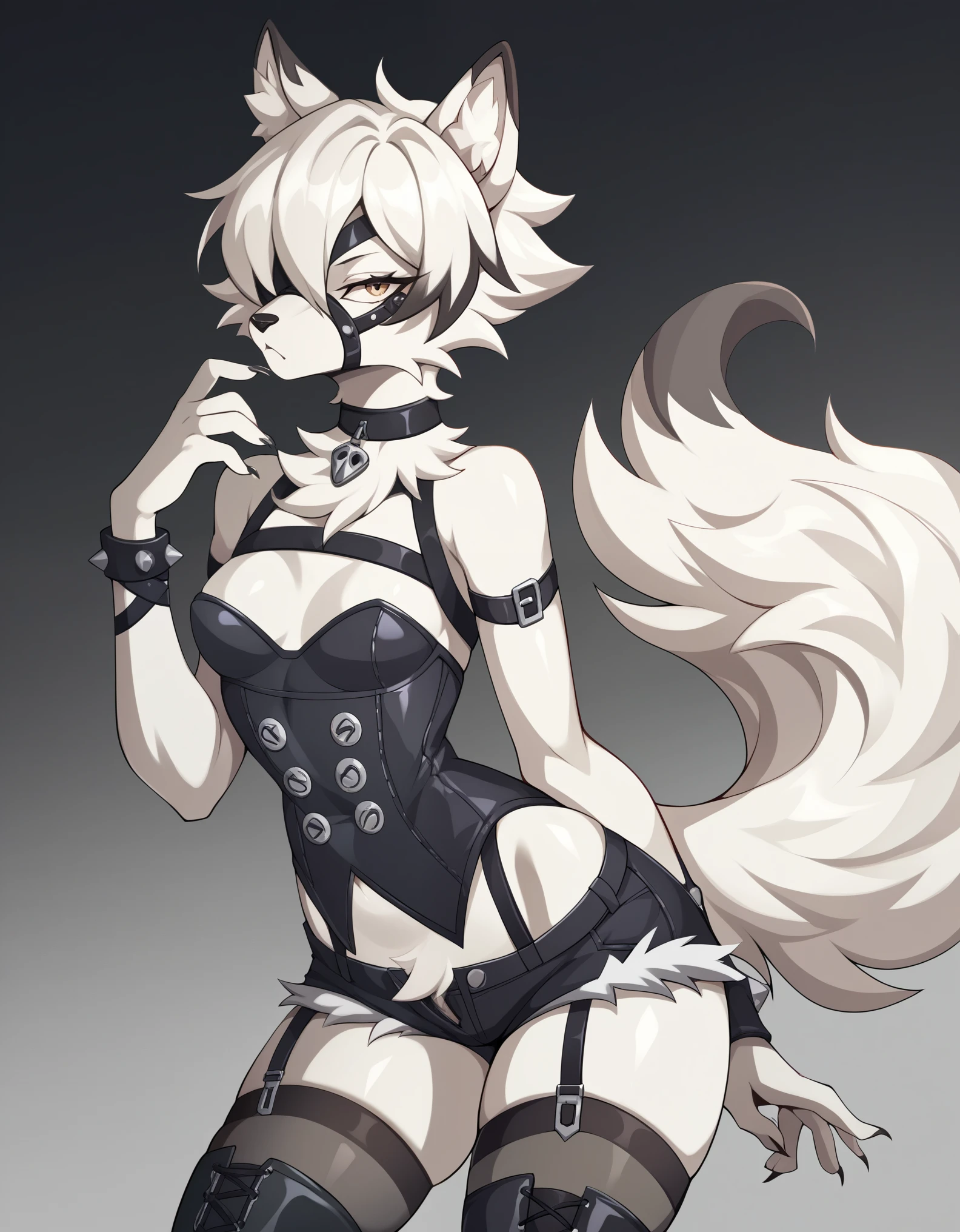 Solo, Score_9, score_8_up, score_7_up, source_anime, von_lycaon_(zenless_zone_zero), Anthro, source_furry, Anthro furry white wolf, all white furry body, standing, female, feminine, small breasts, wearing black corset, black short shorts, black stiletto boots, seductive, simple white background