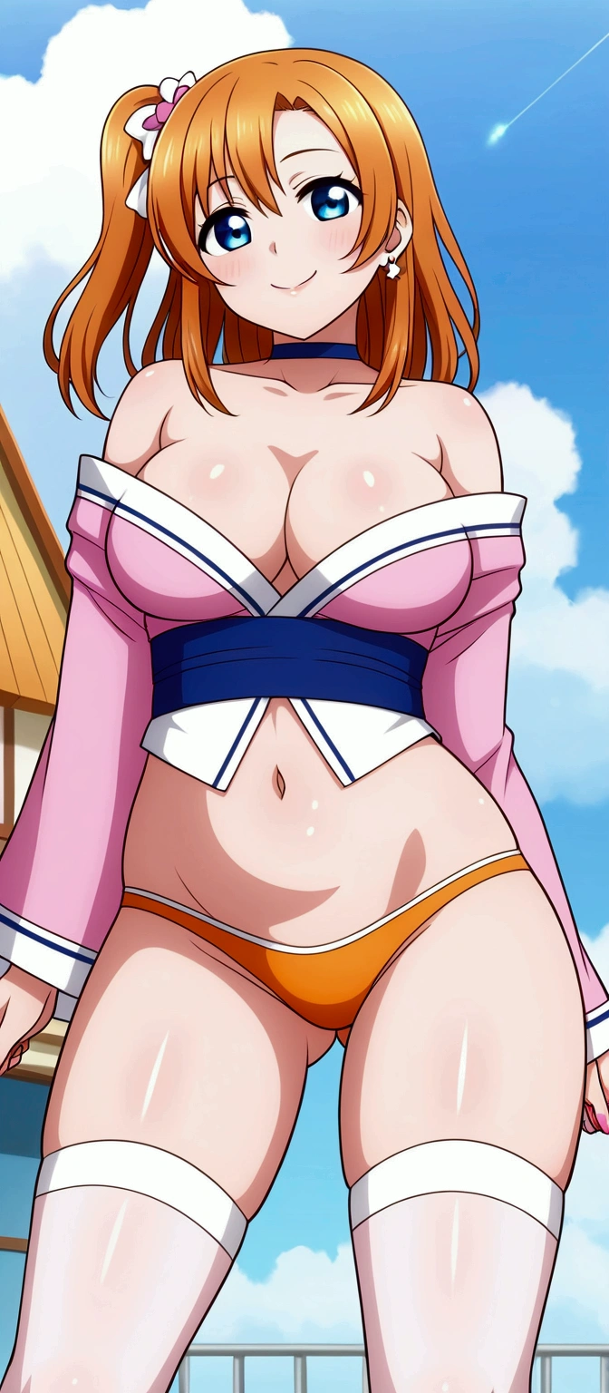 (Masterpiece, Best Quality, High Quality), professional artwork, well drawn, Intricate Details,solo,in village
Kousaka honoka, afternoon
, ultra detail hair, ultra detail face, perfect eyes, earring, Looking at Viewer, pink clothes , off shoulder kimono, cleavage, thighhighs, thighs gap,dark orange hair , standing , sexy