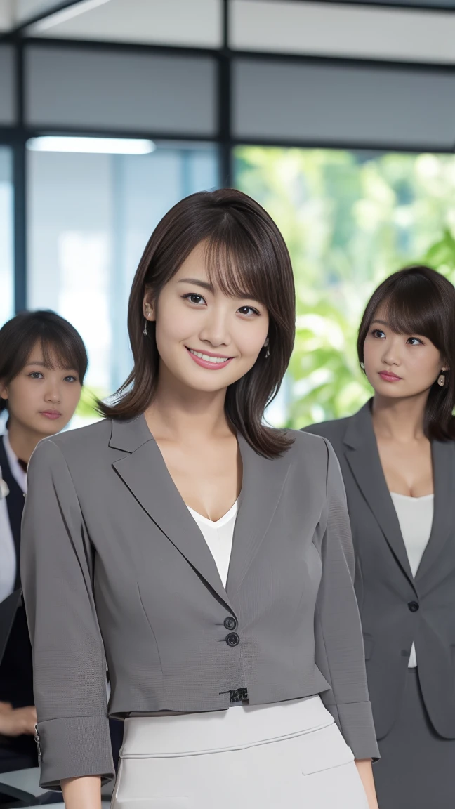 masutepiece, Best Quality, Photorealsitic, finely detail, hight resolution,beautiful japanese woman,beautiful detailed eyes, beautiful detailed lips, extremely detailed face, small head, small areola, cinematic lighting, photorealistic, 8k, high quality, hyper detailed, look at me,smile,(office lady gray suits:1.4),(random location),(medium breasts:1.2),(inoueseika),slender,beautifull legs,(sexy posing:1.2), (bokeh:1.3), (upper body),(mini skirt)