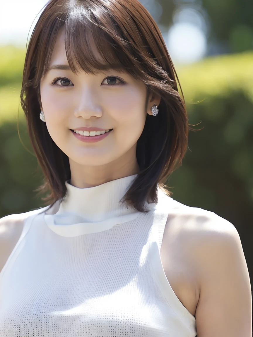 Tabletop, 最high quality, Photorealistic, In detail, High resolution,Beautiful Japanese Women,Beautiful attention to detail, Beautiful lip detail, Highly detailed face, Small Head, Small areola, Cinema Lighting, Realistic, 8k, high quality, Super detailed, look at me,smile,(Mock neck,Crop tank top ,White knitwear),short hair,(Random outdoor locations),(Big Breasts:1.4),(Inoue Seika),whole body, (Breast bulge:1.2),thin,(Front view,throw)