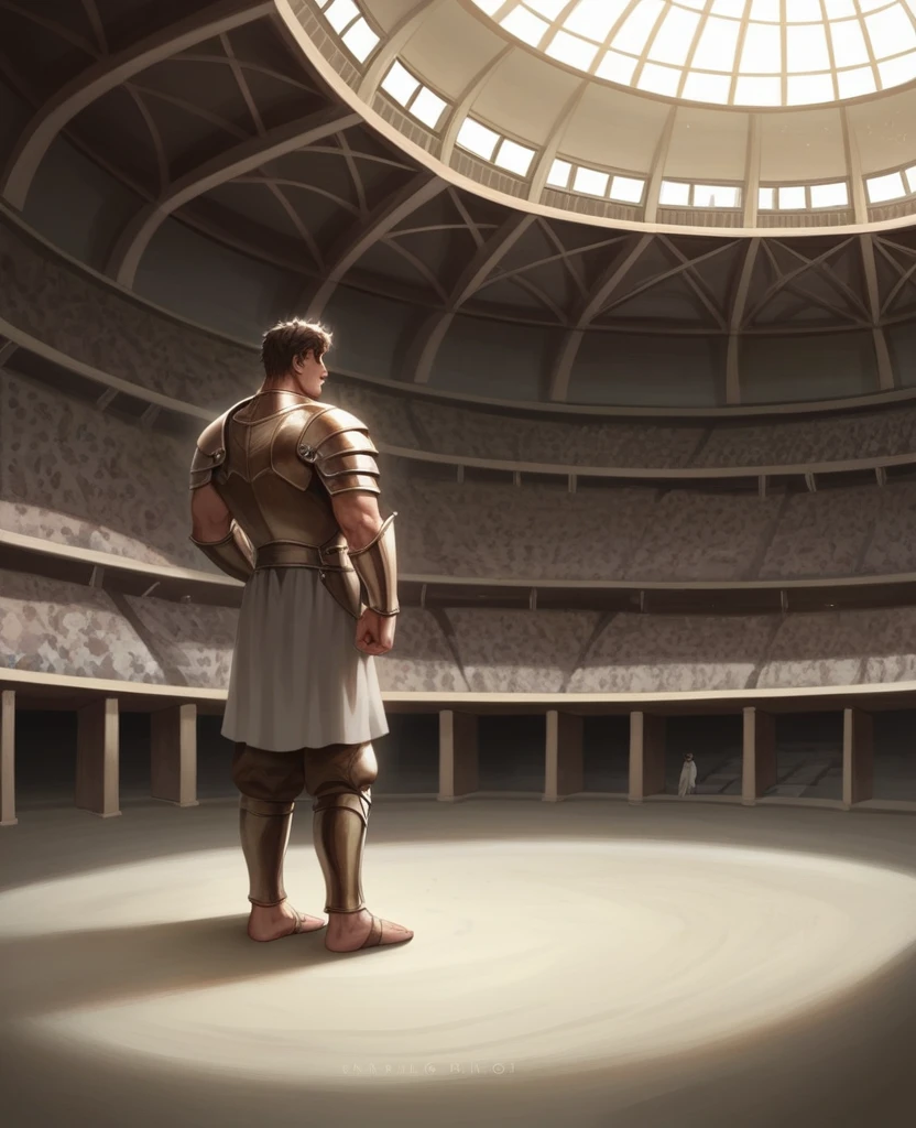((best qualityer)), ((work of art)), (detailded), Powerful gladiator man , bare chested, Lower torso opens from hips to feet.., long cascading curls, físico muscular detailded, PICTURE REALISTIC, 4k resolution. fund: The Colosseum during a spectacular sunset,32 mil HD, best qualityer, work of art, super detailded, High details, shelter , out of common , underpants , article, protuberance, a man is standing, shelter , armor dress , bronya ,ten mens , medium and messy hair,